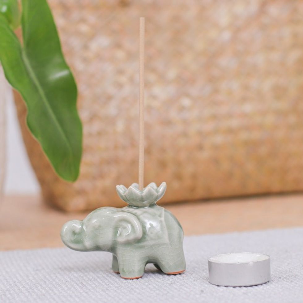 Elephant and Lotus Ceramic Incense Holder Single 'Lotus Elephant'