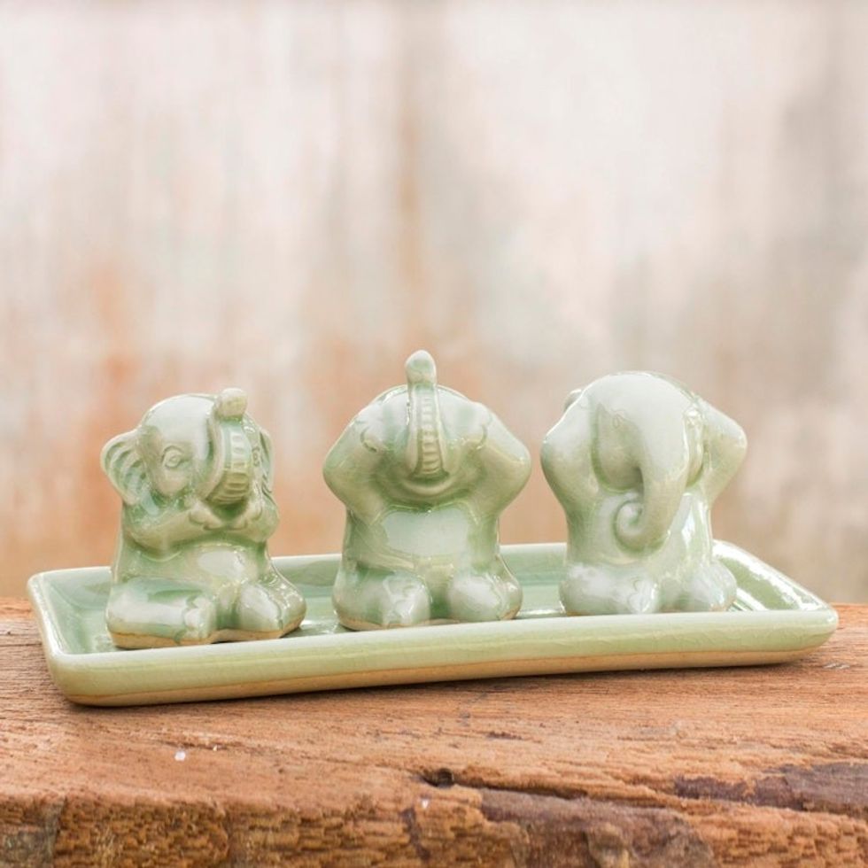 Celadon ceramic figurines Set of 3 'Elephant Life Lessons'