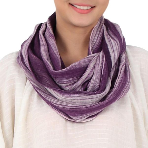 Alternate image for Hand Woven 100 Cotton Infinity Scarf in Purple and White Purple Skies