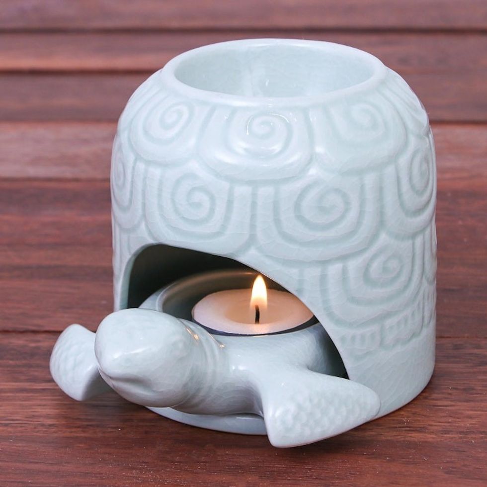 Hand Made Celadon Ceramic Turtle Shell Oil Warmer 'Turtle Cave'