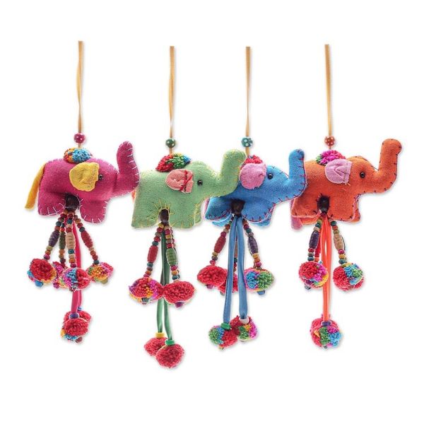 Alternate image for Handcrafted Cotton Blend Elephant Ornaments Set of 4 Colorful Parade