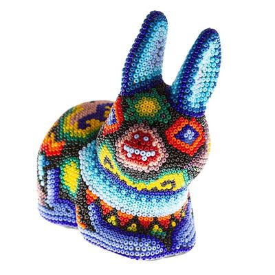 Alternate image for Hand Beaded Huichol Rabbit Sculpture Blue Bunny