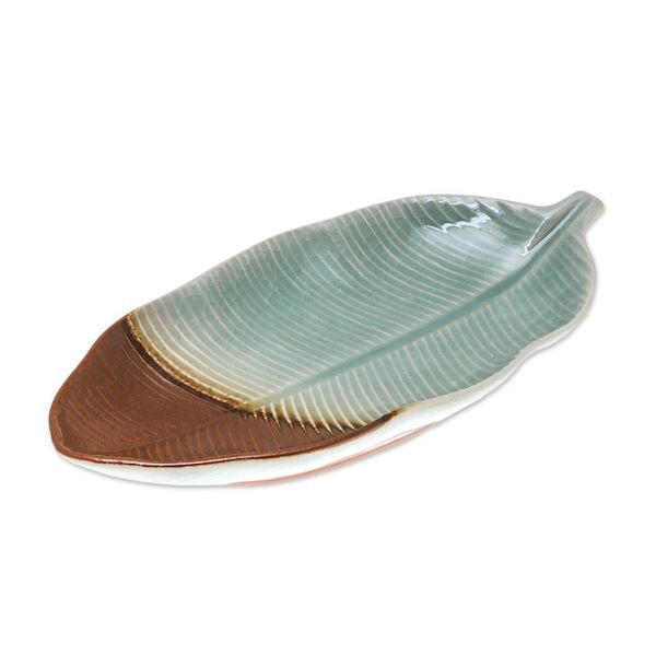 Alternate image for Leaf-Shaped Celadon Ceramic Platter from Thailand Nature Present