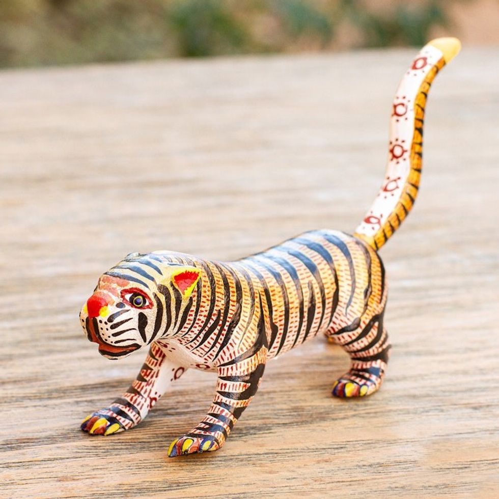 Small Cedar Wood Tiger Alebrije Sculpture 'Brilliant Tiger'