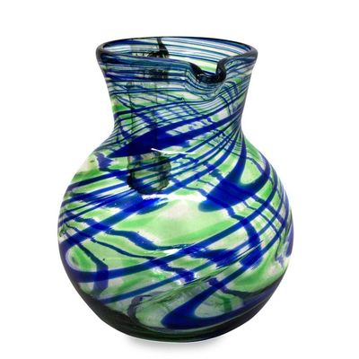 Alternate image for Blue and Green Swirls Hand Blown Glass Pitcher 84 oz Elegant Energy