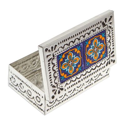 Alternate image for Repousse Tin and Ceramic Jewelry Box with Talavera Tiles Flourishing Blue