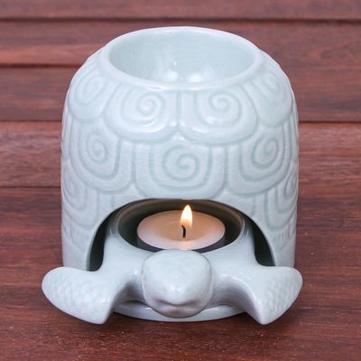 Alternate image for Hand Made Celadon Ceramic Turtle Shell Oil Warmer Turtle Cave