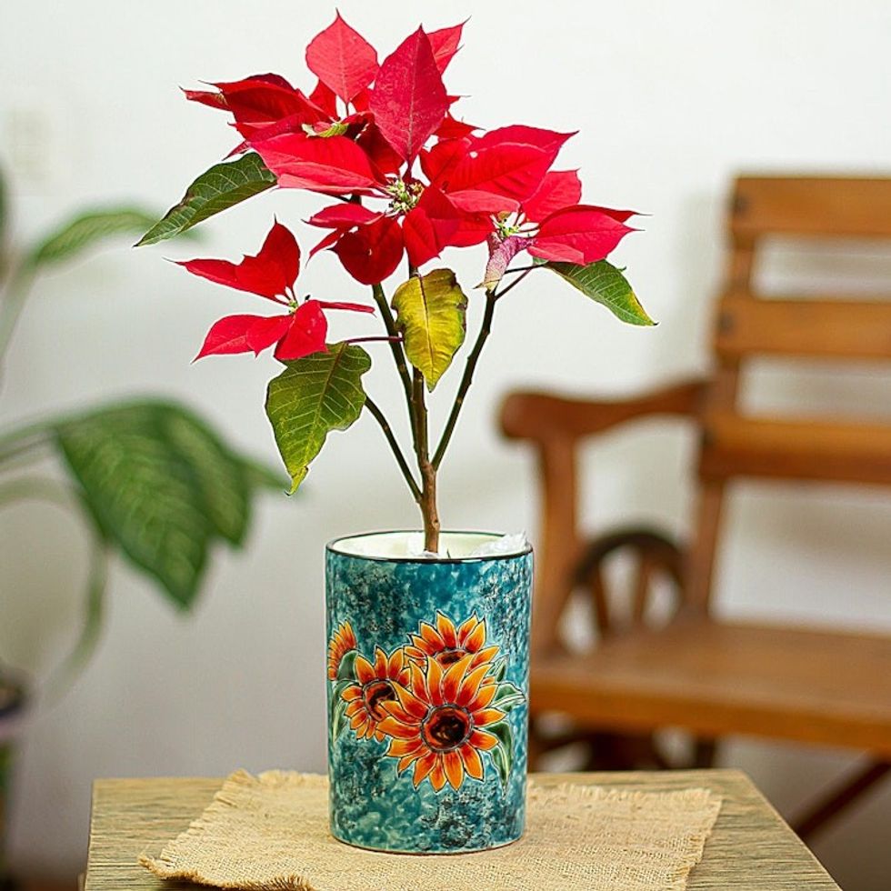 Sunflower Motif Ceramic Vase from Mexico 'Brilliant Sunflower'