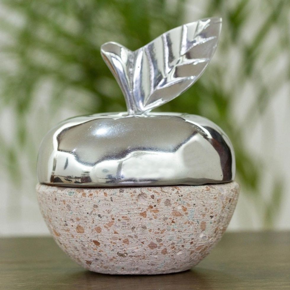 Apple-Shaped Pewter and Reclaimed Stone Jewelry Box 'Gleaming Apple'
