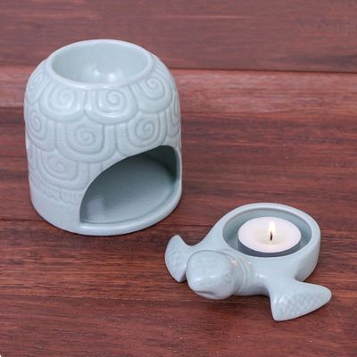 Alternate image for Hand Made Celadon Ceramic Turtle Shell Oil Warmer Turtle Cave