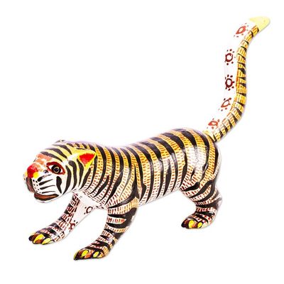 Alternate image for Small Cedar Wood Tiger Alebrije Sculpture Brilliant Tiger