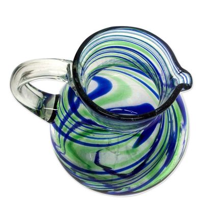 Alternate image for Blue and Green Swirls Hand Blown Glass Pitcher 84 oz Elegant Energy
