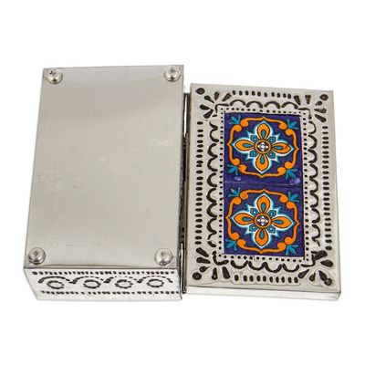 Alternate image for Repousse Tin and Ceramic Jewelry Box with Talavera Tiles Flourishing Blue
