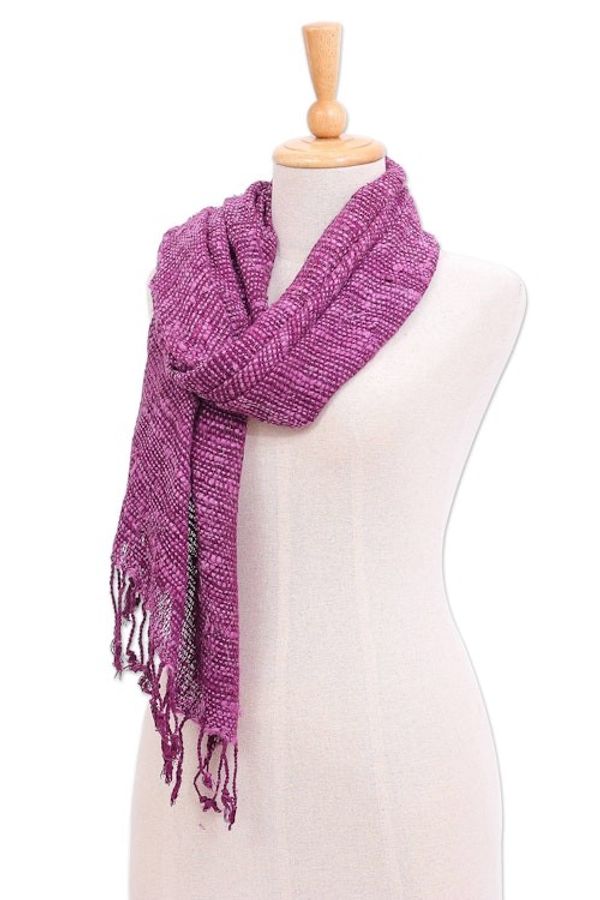 Alternate image for Purple Thai Silk Scarf with Fringe Aubergine Autumn
