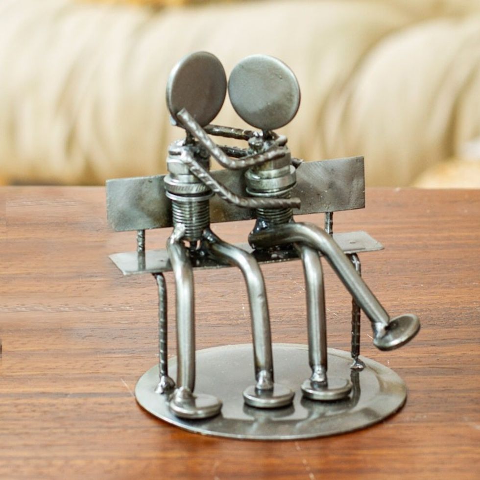 Romantic Recycled Metal Sculpture from Mexico 'Park Bench Sweethearts'