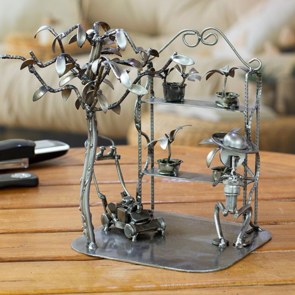 Handmade Rustic Metal Auto Parts Gardener Sculpture 'Rustic Gardener'