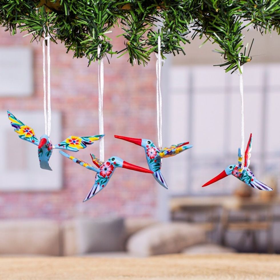 Set of 4 Handcrafted Copal Wood Bird Ornaments in Cerulean 'Cerulean Flutter'