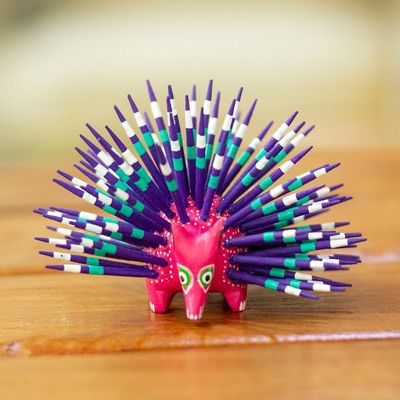 Alternate image for Hand-Painted Wood Alebrije Porcupine Figurine in Fuchsia Cute Porcupine in Fuchsia