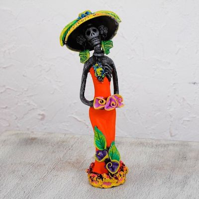 Alternate image for Day of the Dead Catrina Ceramic Figurine in Orange Dress Garden Catrina in Tangerine
