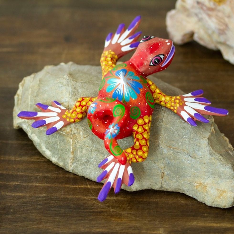 Hand-Painted Colorful Copal Wood Alebrije Iguana Figurine 'Iguana Steps in Spring'