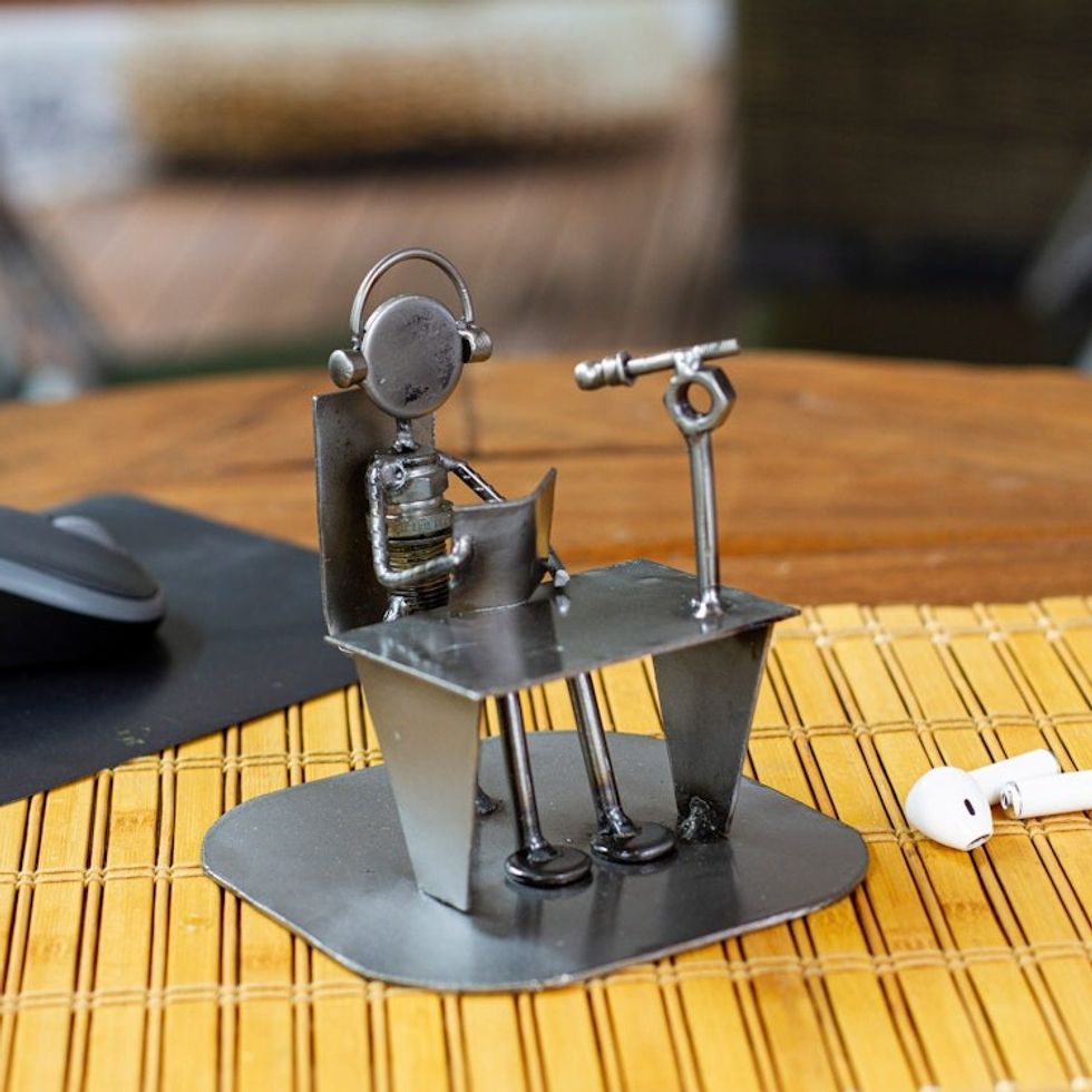 Recycled Metal Auto Part Sculpture of Seated Broadcaster 'Broadcaster'