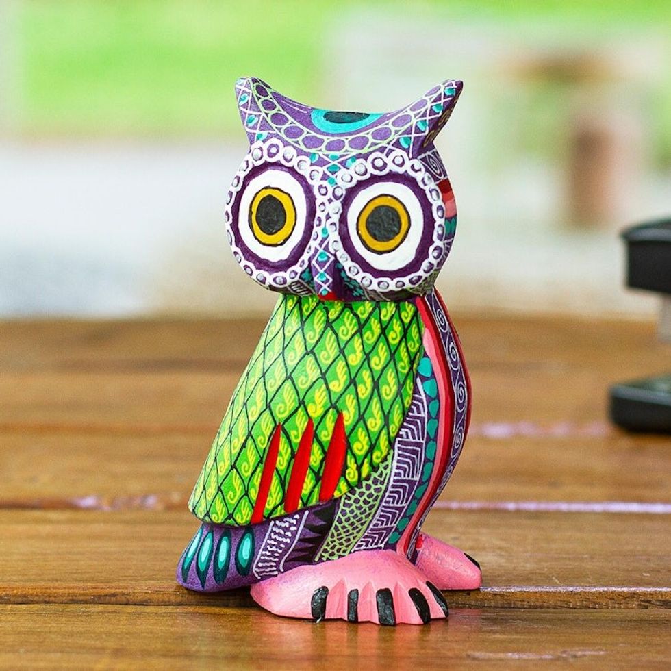 Handmade Owl with Ear Tufts Alebrije Figurine from Mexico 'Nocturnal Mystery'