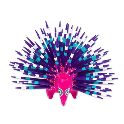 Alternate image for Hand-Painted Wood Alebrije Porcupine Figurine in Fuchsia Cute Porcupine in Fuchsia