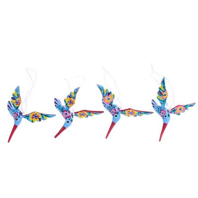 Alternate image for Set of 4 Handcrafted Copal Wood Bird Ornaments in Cerulean Cerulean Flutter