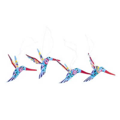 Alternate image for Set of 4 Handcrafted Copal Wood Bird Ornaments in Cerulean Cerulean Flutter