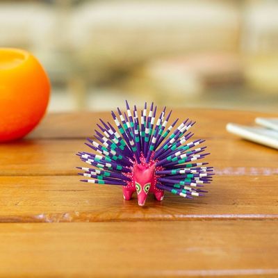 Alternate image for Hand-Painted Wood Alebrije Porcupine Figurine in Fuchsia Cute Porcupine in Fuchsia