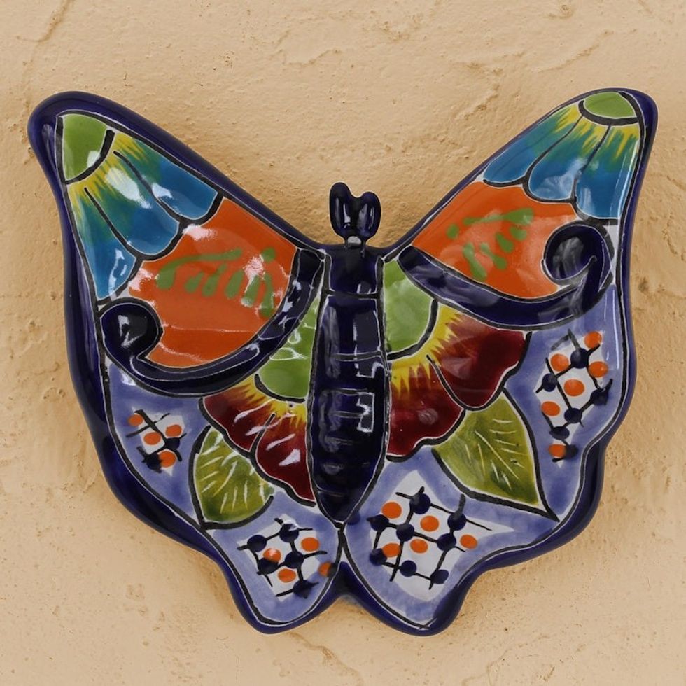 Hand-Painted Ceramic Butterfly Wall Sculpture from Mexico 'Hacienda Butterfly'