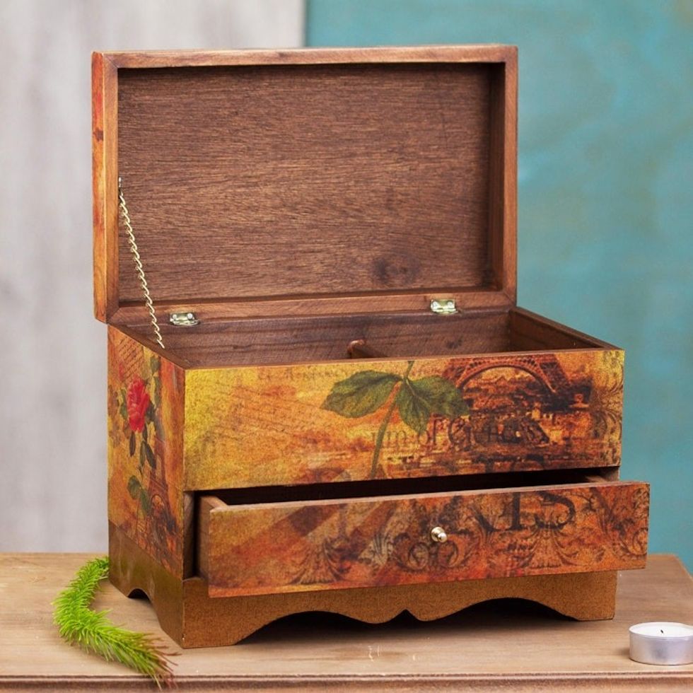 Handcrafted Paris Theme Decoupage Jewelry Box with Drawer 'Thoughts of Paris'