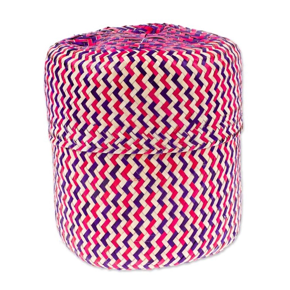 Fuchsia Basket with Lid Hand-Woven from Palm Fiber in Mexico 'Tiger in Fuchsia'