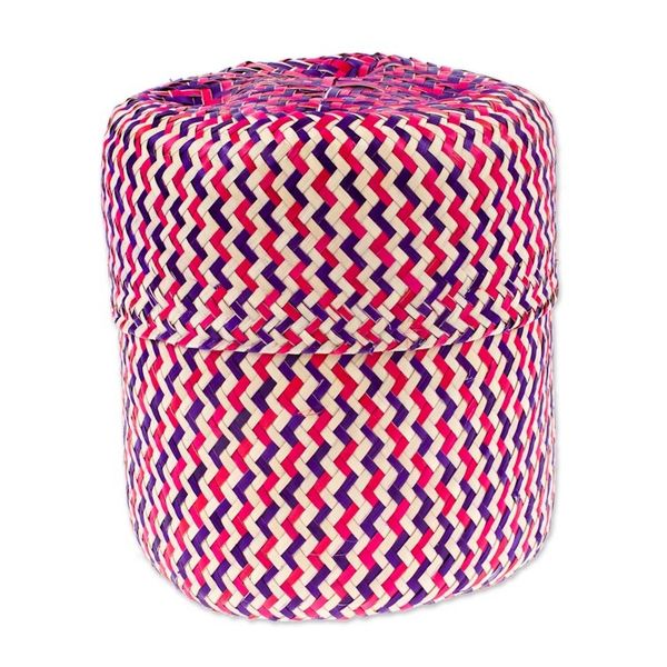 Alternate image for Fuchsia Basket with Lid Hand-Woven from Palm Fiber in Mexico Tiger in Fuchsia