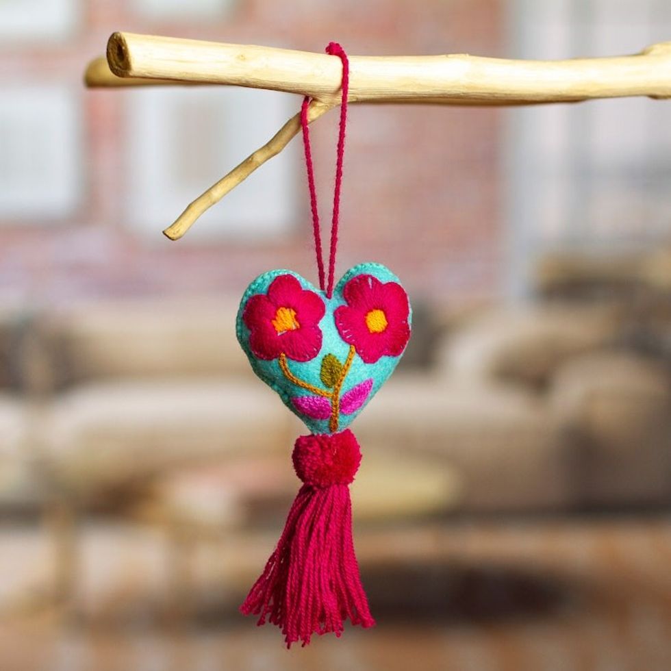 Hand-Embroidered Heart-Shaped Blue Wool Felt Ornament 'Bright Floral Heart'