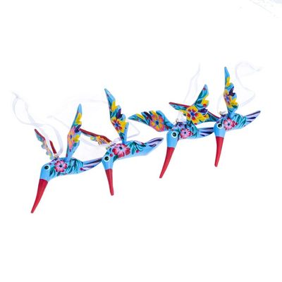 Alternate image for Set of 4 Handcrafted Copal Wood Bird Ornaments in Cerulean Cerulean Flutter