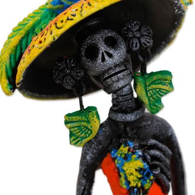 Alternate image for Day of the Dead Catrina Ceramic Figurine in Orange Dress Garden Catrina in Tangerine