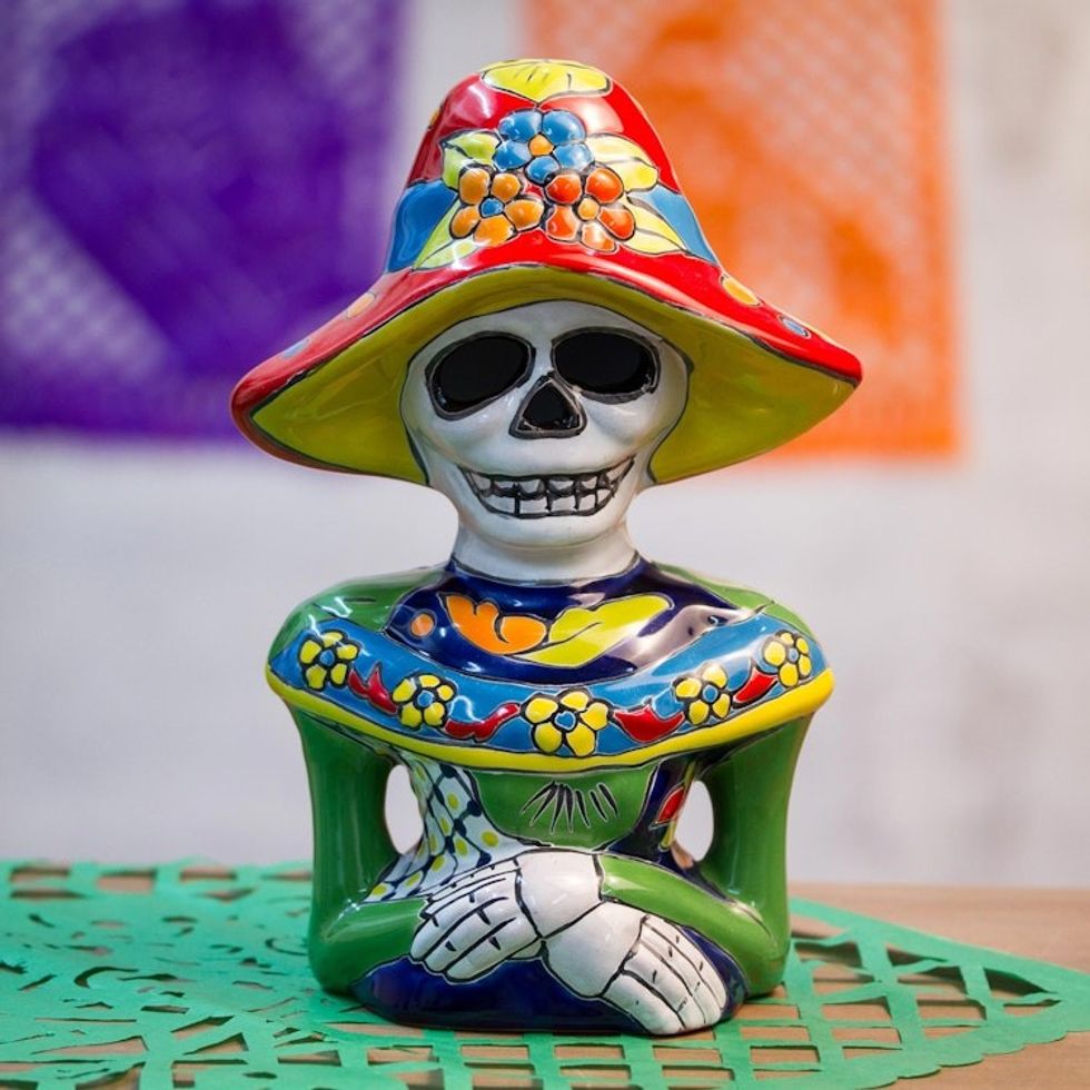 Hand-Painted Ceramic Catrina Sculpture from Mexico 'Camellia Woman'