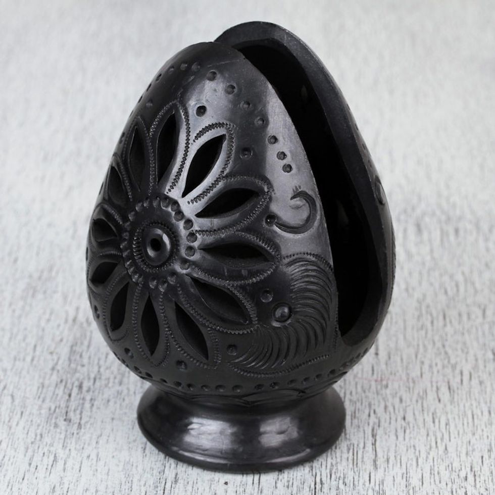 Oaxaca Barro Negro Ceramic Egg-Shaped Napkin Holder 'Pastoral Oaxaca'