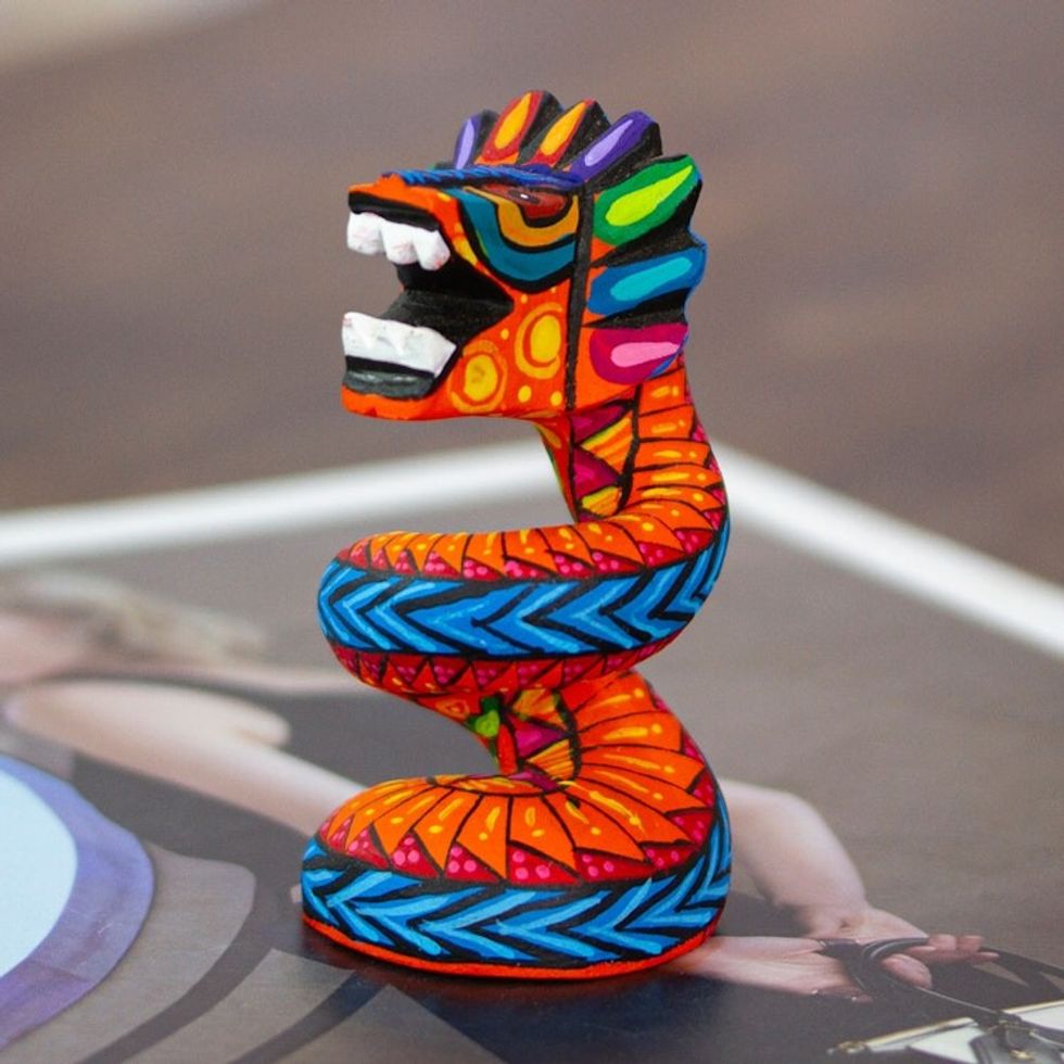 Copal Wood Quetzalcoatl Serpent Figurine Painted in Orange 'Glorious Quetzalcoatl'