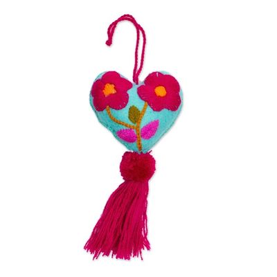 Alternate image for Hand-Embroidered Heart-Shaped Blue Wool Felt Ornament Bright Floral Heart
