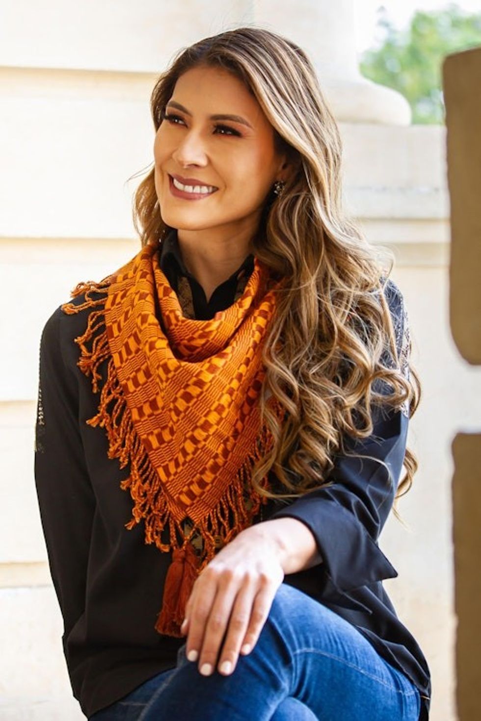 Cotton Scarf in Sunrise and Mahogany from Mexico 'Mexican Sunrise'