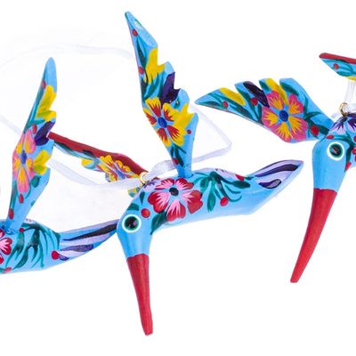 Alternate image for Set of 4 Handcrafted Copal Wood Bird Ornaments in Cerulean Cerulean Flutter