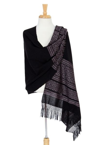 Alternate image for Geometric Cotton Patterned Shawl Black Zapotec Treasures