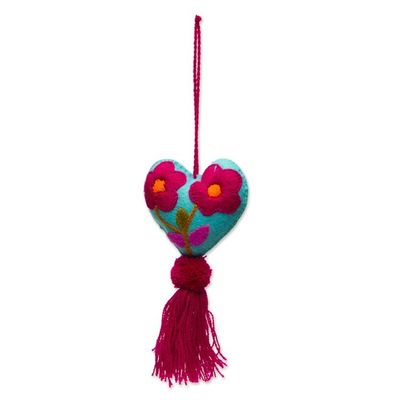 Alternate image for Hand-Embroidered Heart-Shaped Blue Wool Felt Ornament Bright Floral Heart