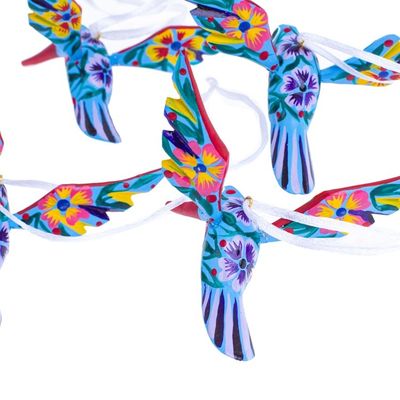 Alternate image for Set of 4 Handcrafted Copal Wood Bird Ornaments in Cerulean Cerulean Flutter