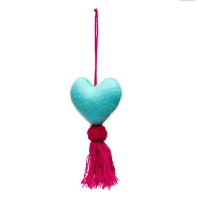 Alternate image for Hand-Embroidered Heart-Shaped Blue Wool Felt Ornament Bright Floral Heart