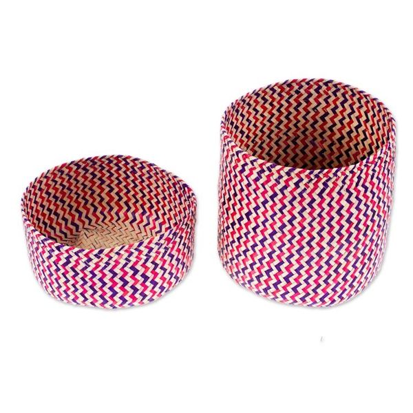 Alternate image for Fuchsia Basket with Lid Hand-Woven from Palm Fiber in Mexico Tiger in Fuchsia