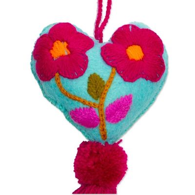 Alternate image for Hand-Embroidered Heart-Shaped Blue Wool Felt Ornament Bright Floral Heart