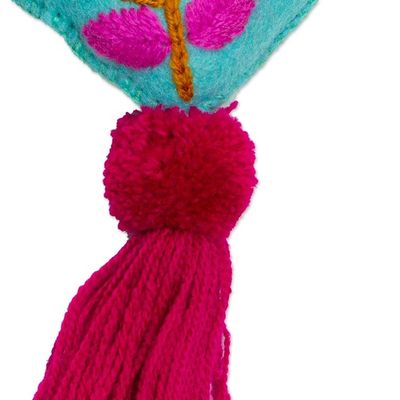 Alternate image for Hand-Embroidered Heart-Shaped Blue Wool Felt Ornament Bright Floral Heart